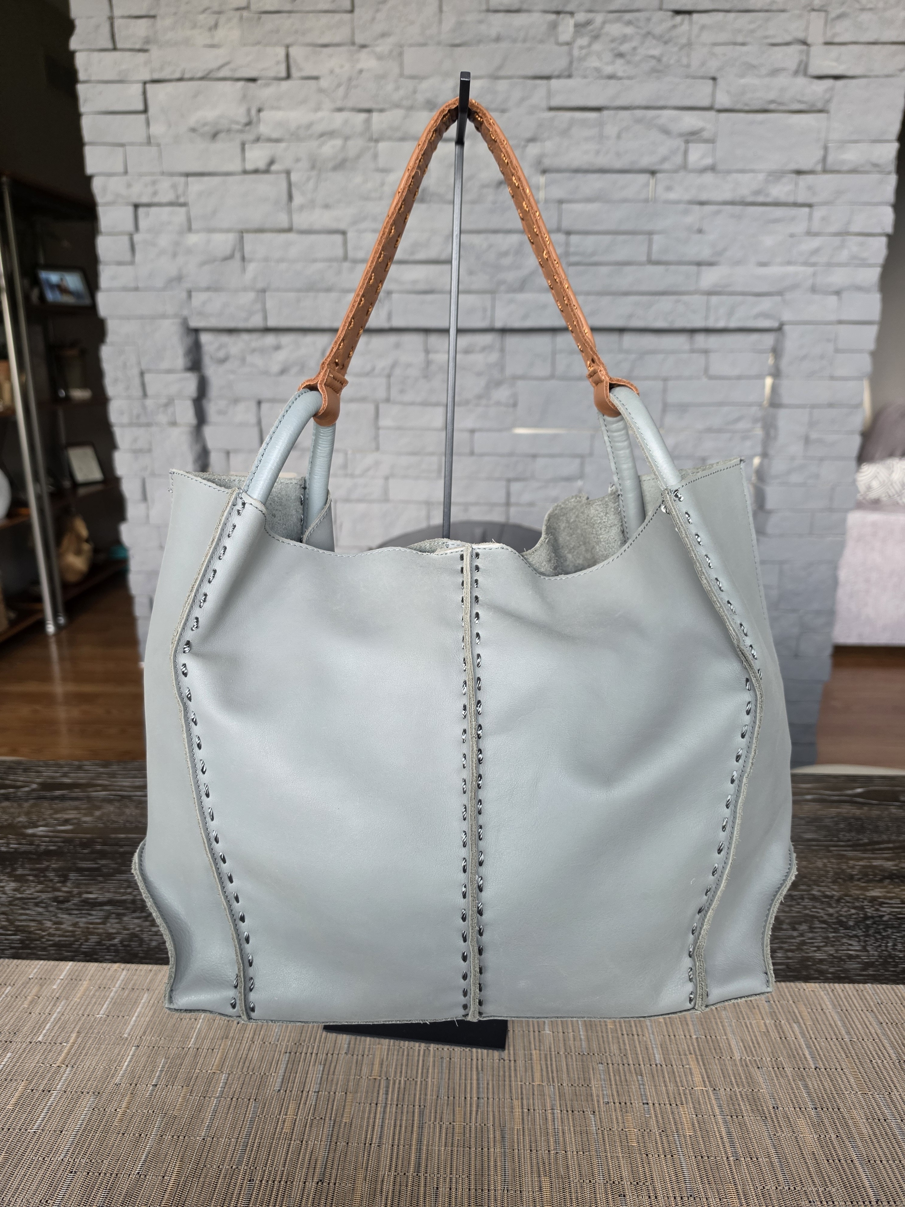 The Sak Soft Blue Los Feliz Large Leather Tote With Contrast Tan Handles